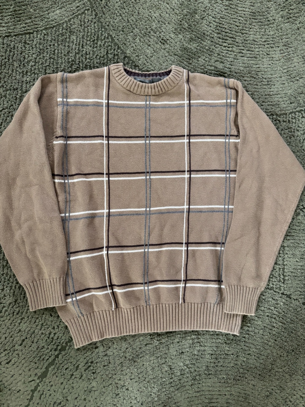 Oscar De La Renta Vintage Taupe Plaid Crewneck Sweater Size Large